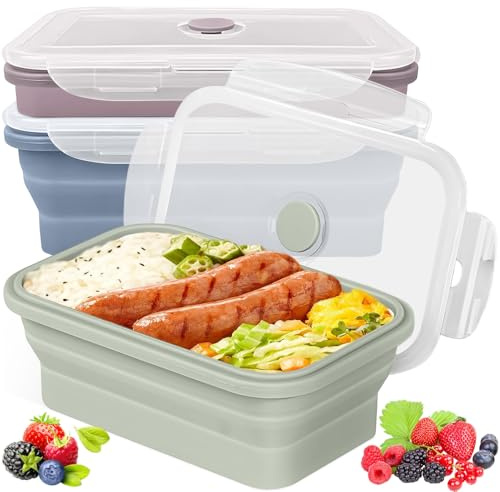 3 Pcs Contenitori Alimenti Pieghevoli 550ml con Coperchio, Pranzo Pieghevole in Silicone, Scatola Conservazione Degli Alimenti, Contenitore Alimentare Portatile per Campeggio, Picnic, Ufficio, Cucina