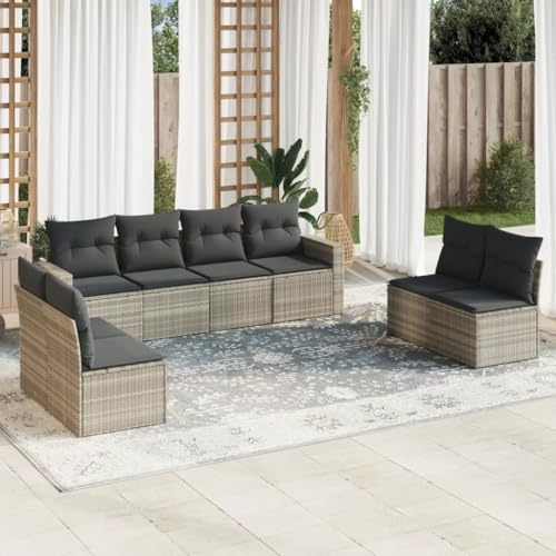 QJBSAVVA 9-TLG. Gartenmöbel Set aus Poly Rattan, hellgrau, 65,5 x 62 x 69 cm, mit Glas-Tisch & waschbaren Kissen, modular, UV-beständig für Balkon, Terrasse und kleine Outdoor-Sitzecke