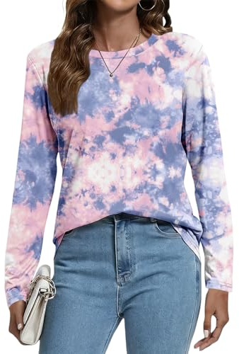 Women's Long Sleeved Tie Dye T-Shirt - Basic Round Neck Shirt Casual Tops (UK, Alpha, M, Regular, Regular, Colorful6)
