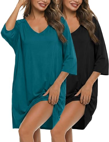 Bresdk Pack de 2 Camisones para Mujer, Camiseta de Dormir de Manga Corta, Sleepshirt con Escote en V, Corte Oversize, Ropa de Estar en Casa, Negro Azul, S