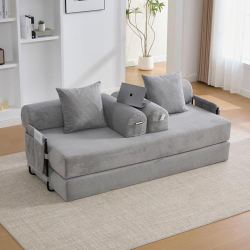 Lubvtti Sofá cama de 3 plazas con bolsillos laterales más 3 cojines, estructura de metal resistente, sofá modular plegable de compresión, sofá de 3 plazas de terciopelo acanalado (A-gris claro + 3