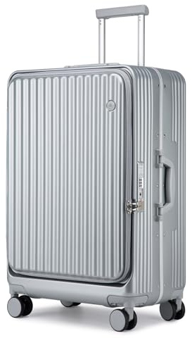 Somago Valise légère avec porte-gobelet et port USB, cadre en aluminium, valise rigide en polycarbonate avec serrure TSA, Argenté, 24 Inch Checked Luggage, Bagage à main de 50,8 cm, cadre en aluminium