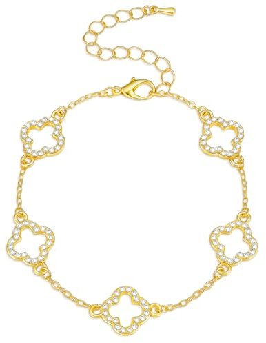 J.Fée Kleeblatt Armband Gold Damen Wasserfest Edelstahl Armband Damen Gold 17+5CM Kleeblatt Armbänder mit Cubic Zirkonia, Vierblättriges Schmuck Geschenke für Frauen Weihnachtsgeschenke