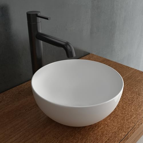 Alpenberger Aufsatzwaschbecken Rund | Kleines Waschbecken Ø 36 cm | Waschschale für Bad und Gäste WC | Handwaschbecken Weiß | Waschschüssel ohne Hahnloch