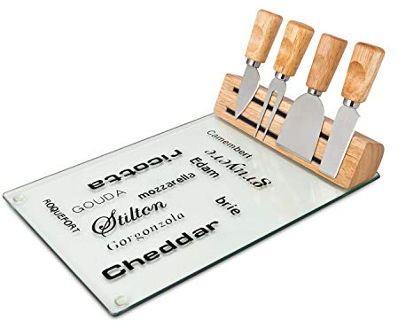ROMINOX Geschenkartikel Käse-Set // Vetro – Pflegeleichtes Käsezubehör 5-teilig: Glasplatte, Holzkörper mit magnetischer Halterung, 4 praktische Käsebesteckteile; Maße: ca. 30 x 20 x 12 cm