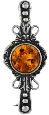 Sterling Silver Baltic Amber Ribbon Brooch Pin for Women Round Cabochon Antiqued Finish Approx. 1 9/16 inch Wide