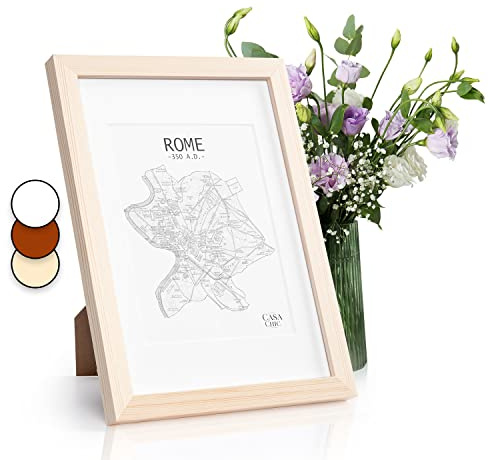 Classic by Casa Chic - Echtholz Bilderrahmen A4 - Holz Natur - 21 x 29,7 - mit Passepartout für ein 15x20 Bild - Echtglas - Ideal für Zertifikate und Urkunden - Rahmenbreite 2cm