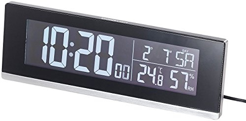infactory Tischuhr mit Thermometer: Tisch-Funkwecker mit Thermometer, Hygrometer und USB-Ladebuchse, 2 A (Tischfunkuhr, Funkuhr beleuchtet, Apple iPhone Ladekabel)