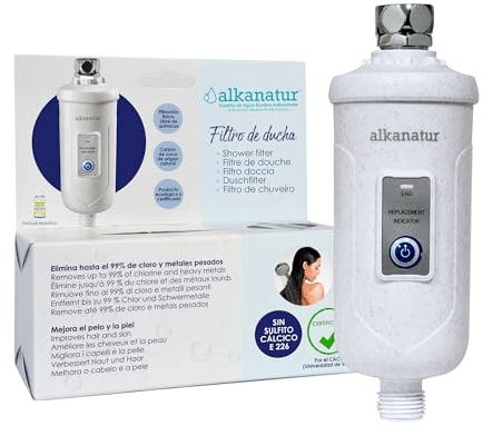 Filtro per doccia Alkanatur | elimina solfito di calcio, fluoro e cloro per pelle e capelli più sani | facile da installare | 30.000 litri