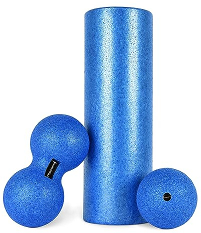Rodillo de fascia + pelota de masaje Premium con póster de ejercicios | Juego de fascia – Calidad Gimnasio profesional | Rodillo de espuma de masaje, Fascia