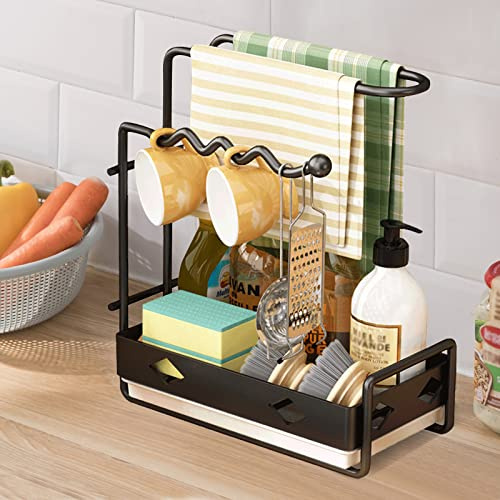 Hoypeyfiy Spülbecken Organizer Küchen Organizer mit Spültuchhalter Sink Caddy Tidy Rack Ordnungshelfer für Aufbewahrung Küche Sink Zubehör Schwamm Schrubberbürste Spüllappen (Schwarz)
