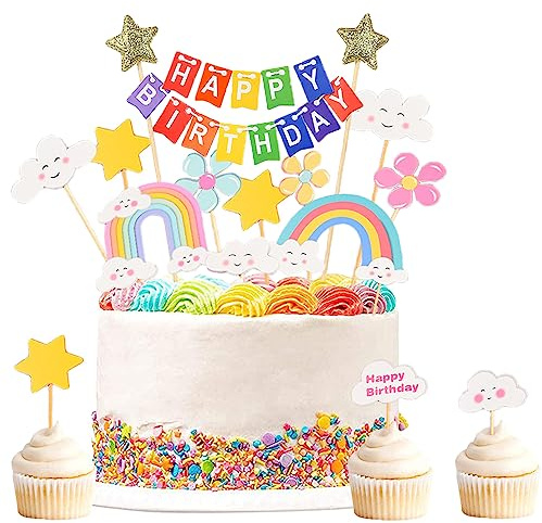 ZELAITE Regenbogen Tortendeko Geburtstag Kuchen, Regenbogen Tortendeko Happy Birthday Torten Topper Luftballon Sternen Cake-Topper Kuchen Aufsätze für Mädchen Geburtstag (A)