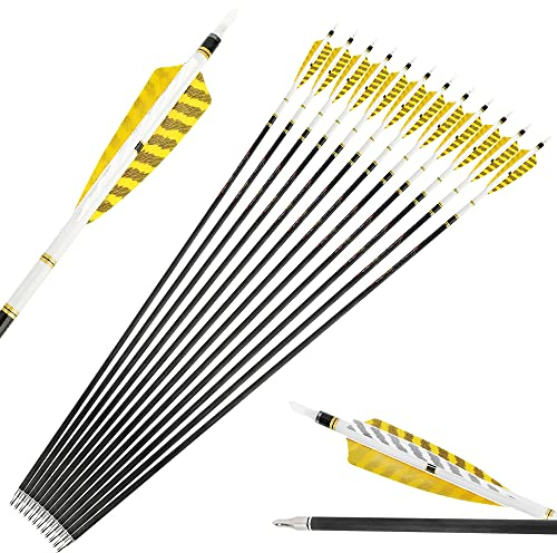SHARROW Bogenschießen Carbonpfeile 31 Zoll Jagdpfeile Bogenpfeile Pfeile für Bogen Spine 250/300/350/400/500/600 mit Truthahnfedern für Außenaufnahmen (Spine 600, 12 Stück)