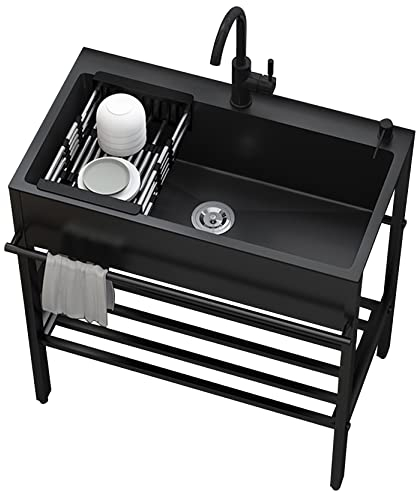 Lavello Cucina Nero con 1 vasca,60x45x86cm Lavandino in Acciaio Inox con Scolapiatti,Lavabo di Utilità con Rubinetto,Lavelli Commerciale Autoportante,Lavatoio da Giardino Campeggio,per Interni Esterni