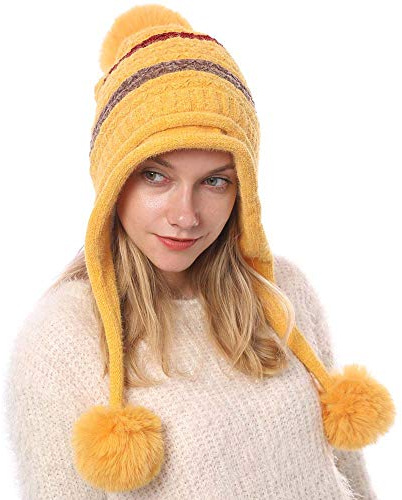 Kangqifen Damen Winter Gestreifte Fleece Gefüttert Warme Strickmütze Bommelmütz Gestrickte Mütze mit Ohrenklappen 3 Pompon