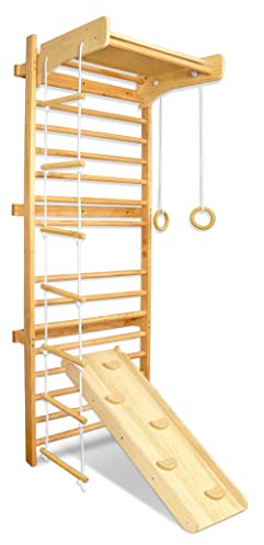 UISEBRT Sprossenwand Kletterwand Holz Turnwand Klettergerüst Indoor Turngeräte für Kinder und Erwachsene, Heimsportgerät Fitness Sportgerät mit Stange Turnringe Rutsche Strickleiter, bis 100kg