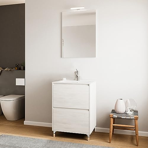 Inbagno Mobile Bagno a Terra 60 cm Rovere Bianco con 2 cassettoni Soft-Close, lavabo in Ceramica e Specchio 60x80 con Lampada LED, LISBONA