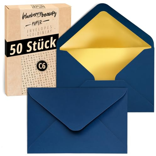 Japun - 50 Briefumschläge DIN C6, 162 x 114 mm, innen Gold, außen blau | Kuvert mit Gold-Inlay aus 140 g/m² Papier, Umschlag mit Nassklebung ohne Fenster, für Einladungen zum Beschriften & Bedrucken