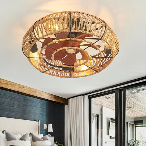 Vintage Ceiling Fans with Lights Linen Rope Reversible 6 Speed Ceiling Fan Lights with Remote Control Smart Timer Bedroom Light Fan Ceiling Silent Small Fan Lamp Ceiling Living Room-A