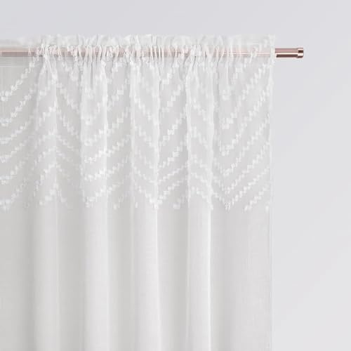 ROOM99 Lindsay - Cortina con Cinta fruncidora (140 x 240 cm, Ancho x Alto), Transparente, Moderna, para salón, Dormitorio, Sistema de Tejas, Pompones, Color Blanco, 1 Unidad