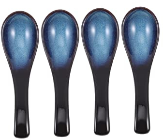 COLLBATH 4pcs Japanese-Style Ceramic Soup and Rice Spoons Blue Curved Design Heat Resistant Kitchen Utensils for Household and Restaurant Use