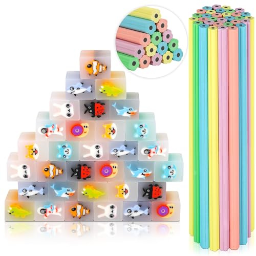 64Pcs Matite con Gomma Bambini,32 Gomme Cancellare Bambini Divertenti & 32 Petalo Matite Bambini Adatta Regalini Fine Festa Compleanno,Gadget Compleanno Bambini