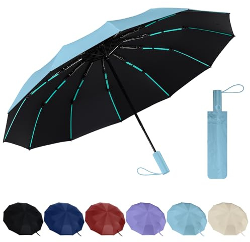 Paraguas Plegable - Paraguas Plegable Antiviento UV de 12 Costillas con Apertura y Cierre Automático, Paraguas de Viaje Reforzado Estable para Mochila Maleta de Coche (Azul cielo)