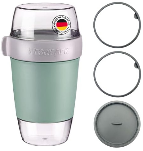 Westmark Lunchpot-Set groß – 3 auslaufsichere Fächer: 350 ml, 600 ml, 200 ml, inkl. 2 Dichtungsringen + 1 Ersatz-Deckel – Mint-Grün/Grau/Klar, 528722EM