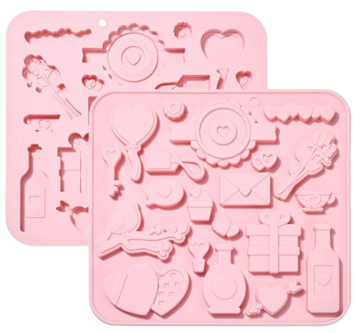 Stiesy 2Pcs 20 Cavity Love Theme Silicone Moulds Reusable Heart Silicone Fondant Cake Mold Key Perfume Bottle Baking Molds for DIY Chocolate Soap Pudding Candy Valentine's Day Gifts