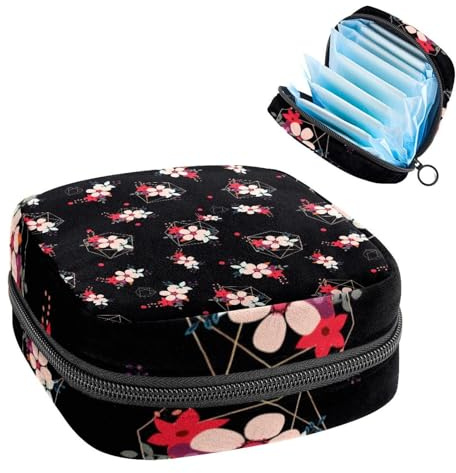 Aufbewahrungstasche für Damenbinden, Menstruationstasse, Tamponbeutel, Periodeneinlagen-Halter, Organizer für Frauen und Mädchen, geometrisches Blumenmuster, Retro-Blume, schwarzer Hintergrund