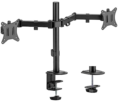 WilTec Support 2 Écrans Jusqu'à 32 Pouces 2X Ordinateur 9 Kg Ressort à gaz Fixation de Table VESA 75/100 PC Bras Articulé Porte-Ordi Inclinaison et Hauteur Réglable Rotation Pied Socle d'écran