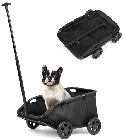 Mini-Hundewagen für Mini-Haustiere, faltbarer multifunktionaler Einkaufswagen mit ausziehbarem Ziehgriff, Doggie Wagon eingebautem Kissen und Sicherheitsseil mit Aufbewahrungstasche (Schwarz)