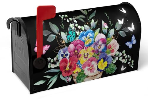 Dacawin Fundas magnéticas para buzón de flores de primavera, de gran tamaño, diseño floral, color negro, decoración de buzón, pensamientos coloridos, mariposa, buzón, envoltura impermeable para