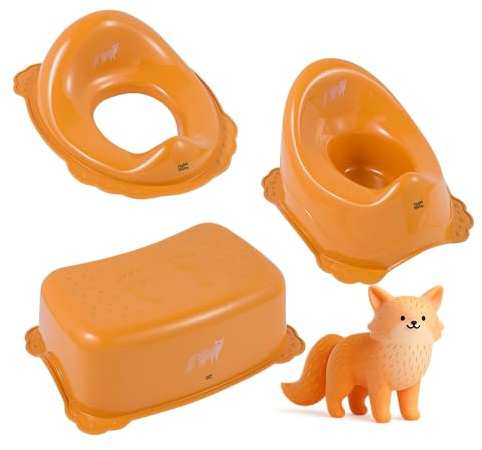 Hylat Baby 3in1 Töpfchen-Set für Kinder - Toilettensitz, Tritthocker & Töpfchen - Kindertoilette fürs WC-Training - Sicher & Komfortabel Farbe - Orange, Motiv - Fox