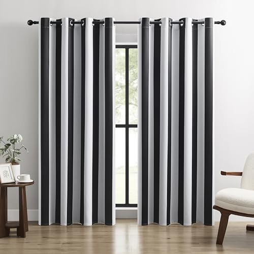 BOHOMOCASA 100% Blackout Curtains – Classic Black and White Stripe Curtains, 2 Panels, Each W52×L84, Thermal Insulated, Nosie Reducing for Bedroom and Living Room