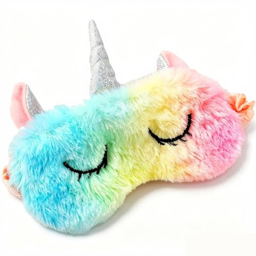 Schlafmaske für Kinder Ultraweich Augenmaske aus Plüsch & Seide Einhorn Cartoon Design, Lichtblockierend für Kinder und Erwachsene
