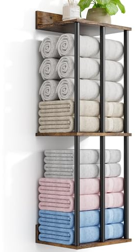 WeGXY Porte-Serviettes Mural avec Étagère en Bois, Support 3 Barres Métallique pour Serviettes Roulées, Grande Capacité et Robuste, Organisateur de Rangement pour Salle de Bain - Marron Rustique