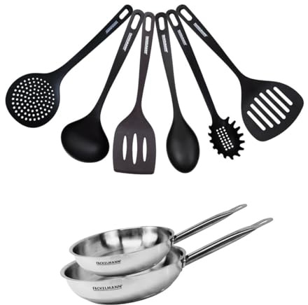 Fackelmann Set 2 poêles inox 20 et 24 cm avec 6 ustensiles | Cuisson homogène, Deux formats pratiques, Inox 18/8 robuste, Induction et four, Lavage facile, Sans PFAS, Acier