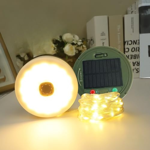 PRECORN Camping Lichterkette Solar Aufrollbar 10m – 3000mAh Powerbank, 8 Modi, IP65 Wasserdicht, USB-C – Outdoor LED Lichterkette mit Fernbedienung für Zelt, Garten, Camping