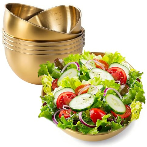 IVEOPPE Rührschüssel 6er-Set Edelstahl Schüssel,Salatschüssel,Ø 17 cm Rührschüssel Set,mit Skala Stapelbar Spülmaschinenfest,Schüssel Set,Teigschüssel,Metallschüssel,Ideal zum Kochen/Backen (Gold)