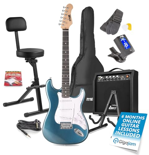 Max GigKit Beginner Electric Guitar Starter Kit - Blue with 40W Amplifier, Folding Guitar Stool & Floor Stand Complete Musical Instrument Set for New Guitarists