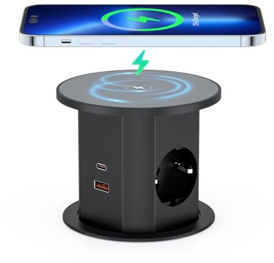Dinolink Versenkbare Steckdose 7-in-1, 2 Schuko, 2× USB-C PD 20W, 2× USB-A 18W, 15W Kabelloses Laden, Ø85 mm Einbausteckdose für Schreibtisch & Arbeitsplatte (Schwarz)