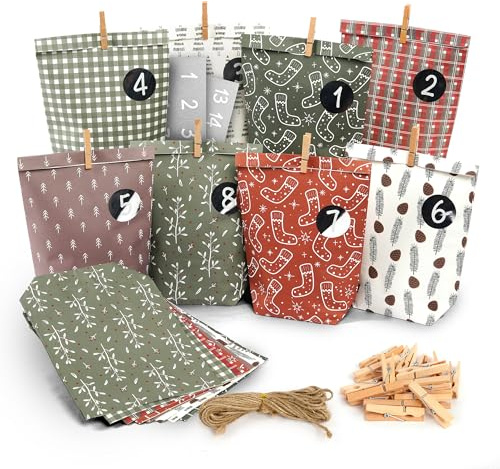 Adventskalender zum Befüllen Set,Geschenkidee für Familie,Kinder,Erwachsene | mit 24 Weihnachts-Papiertüten, Juteseil, Aufkleber& Holzklammern - Tradition und Vorfreude selbst gestalten