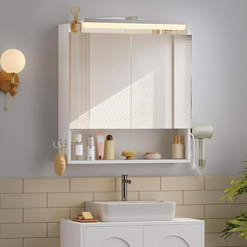 Hzuaneri Bathroom Cabinet with Mirror, Bathroom Wall Cabinet with LED Lighting, Mirror Cabinets with Doors and Open Compartment, Adjustable Shelf, Hair Dryer Shelf and Hooks Oak Beige, White, MC10003X