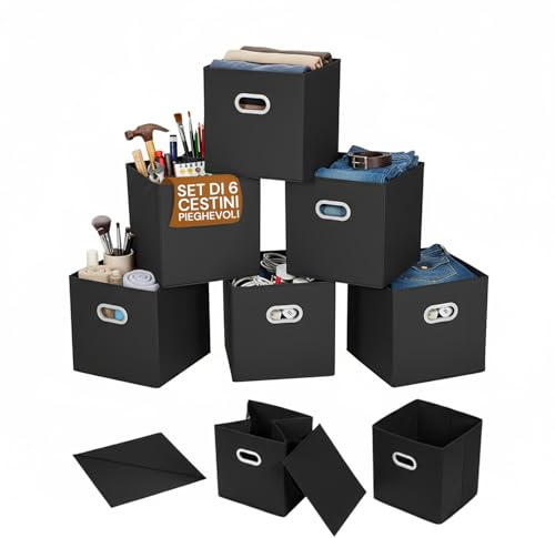 Avilia Set 6 Scatole per Armadio Pieghevoli in Tessuto - Contenitori Salvaspazio 27x27x27 cm con Maniglie Rinforzate - Organizer Guardaroba per Vestiti, Biancheria e Giocattoli - Nero