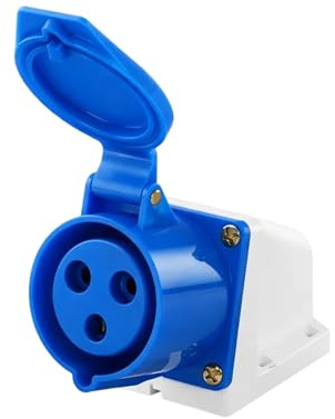 16Amp Socket, Outdoor Socket, Outside With Weather-Resistant Cover, Robust Connector For Garden, Caravan, Site And Outdoor Plug Waterproof Use, Blue Nylon Housing, Easy-Wiring Design