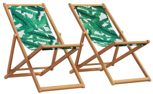 Hoopleep 2-Pack Folding Beach Chairs, Green Leaf Pattern Fabric, Solid Eucalyptus Wood Frame, 3-Position Adjustable Reclining Outdoor Patio Lounge Seating for Garden, Balcony, and Poolside Relaxation
