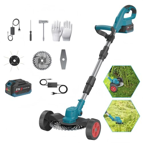 Desbrozadora a Batería Sin Cable, 4000W Desbrozadora Electrica Plegable, con Batería y 3 Cuchillas, Ancho de Corte 23 cm Longitud Retráctil, para Jardín, Césped y Patio (Azul de batería Doble)