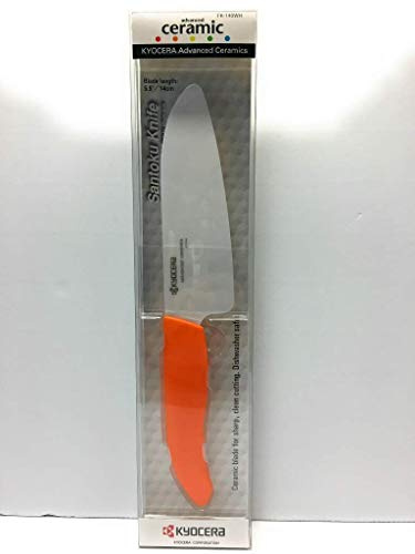 Kyocera’s Revolution Series 5.5” Ceramic Santoku Knife, Chef Knife For Your Cooking Needs, Orange Handle, White Blade
