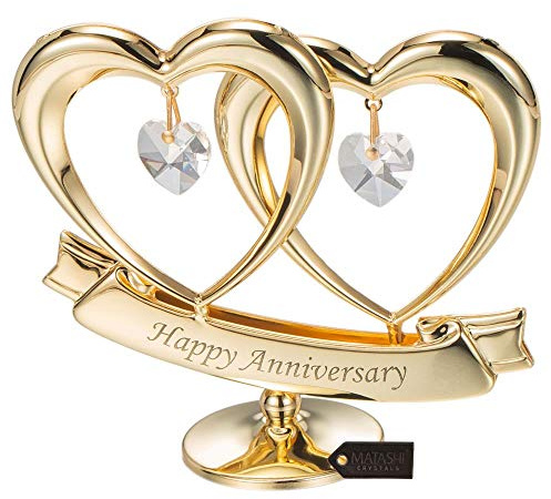 Matashi Special Valentines Day!!! Beautiful Happy Anniversary Double Heart Table Top Dipped In 24k Gold Plating Made with 2 Hanging Clear Genuine Crystals